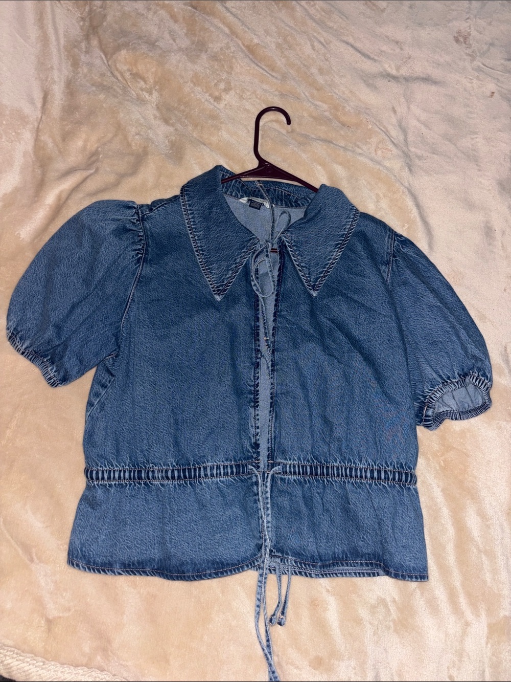 American Eagle Outfitters Blue Denim Short Sleeve Tie-Front Top